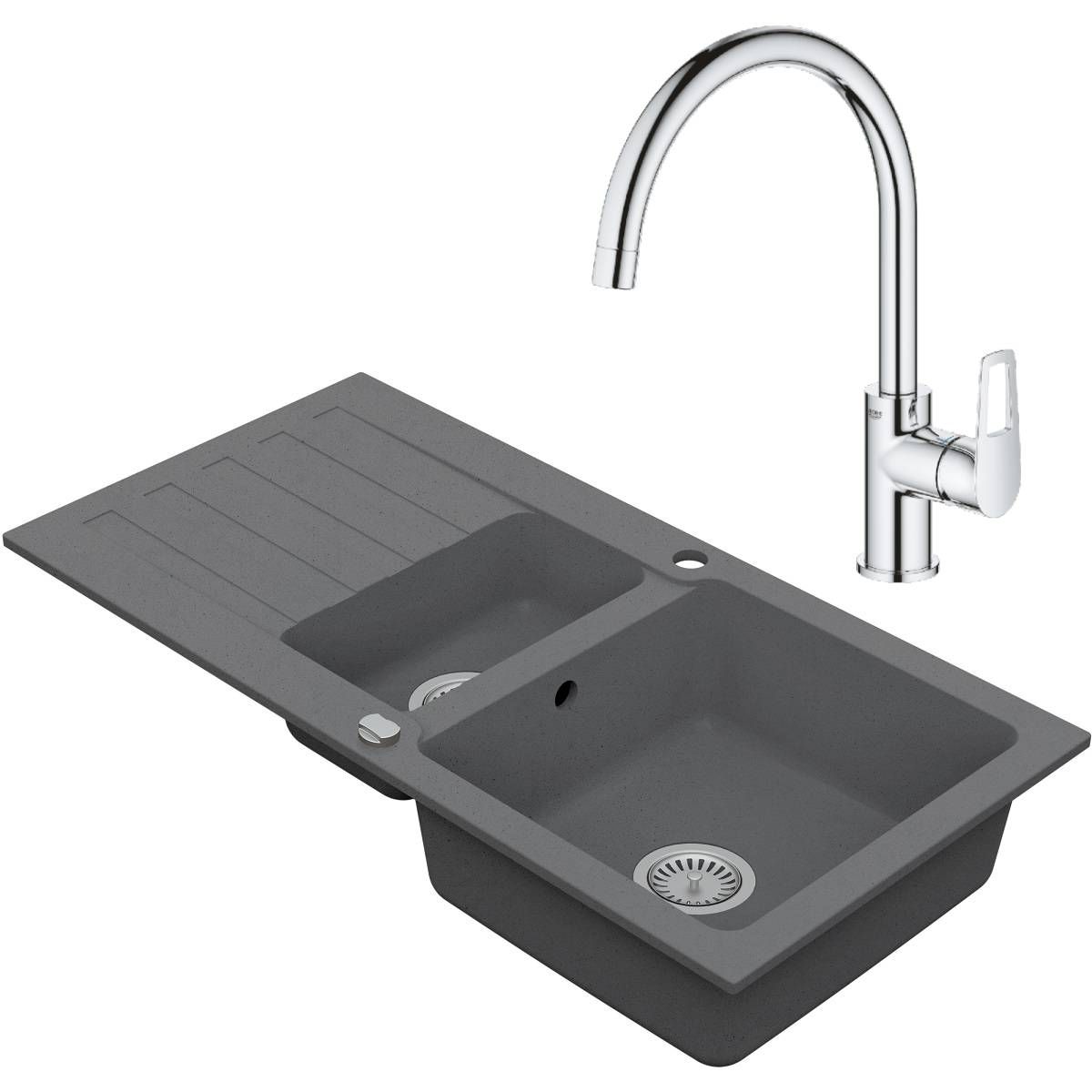 VIMA Drezový set Grohe 3/C - Granitový drez, 1,5 sektora, 96x48cm, Sivá + Drezová batéria Grohe Bau Loop