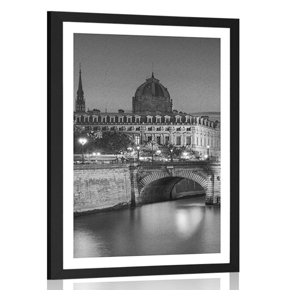 Plagát s paspartou oslňujúca panoráma Paríža v čiernobielom prevedení - 30x45 black