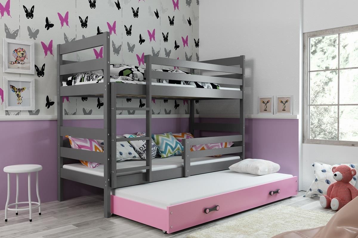 Poschodová posteľ s prístelkou - ERIK 3 - 190x80cm Grafitový - Ružový