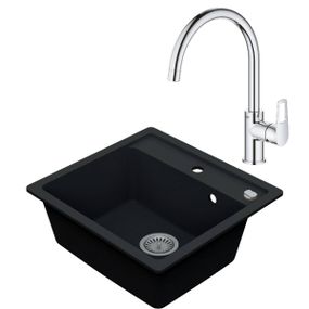 VIMA Drezový set Grohe 1/O - Granitový drez, 53x50cm, Tmavá grafit matná + Drezová batéria Grohe Bau Loop