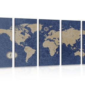 5-dielny obraz mapa sveta s kompasom v retro štýle na modrom pozadí - 200x100