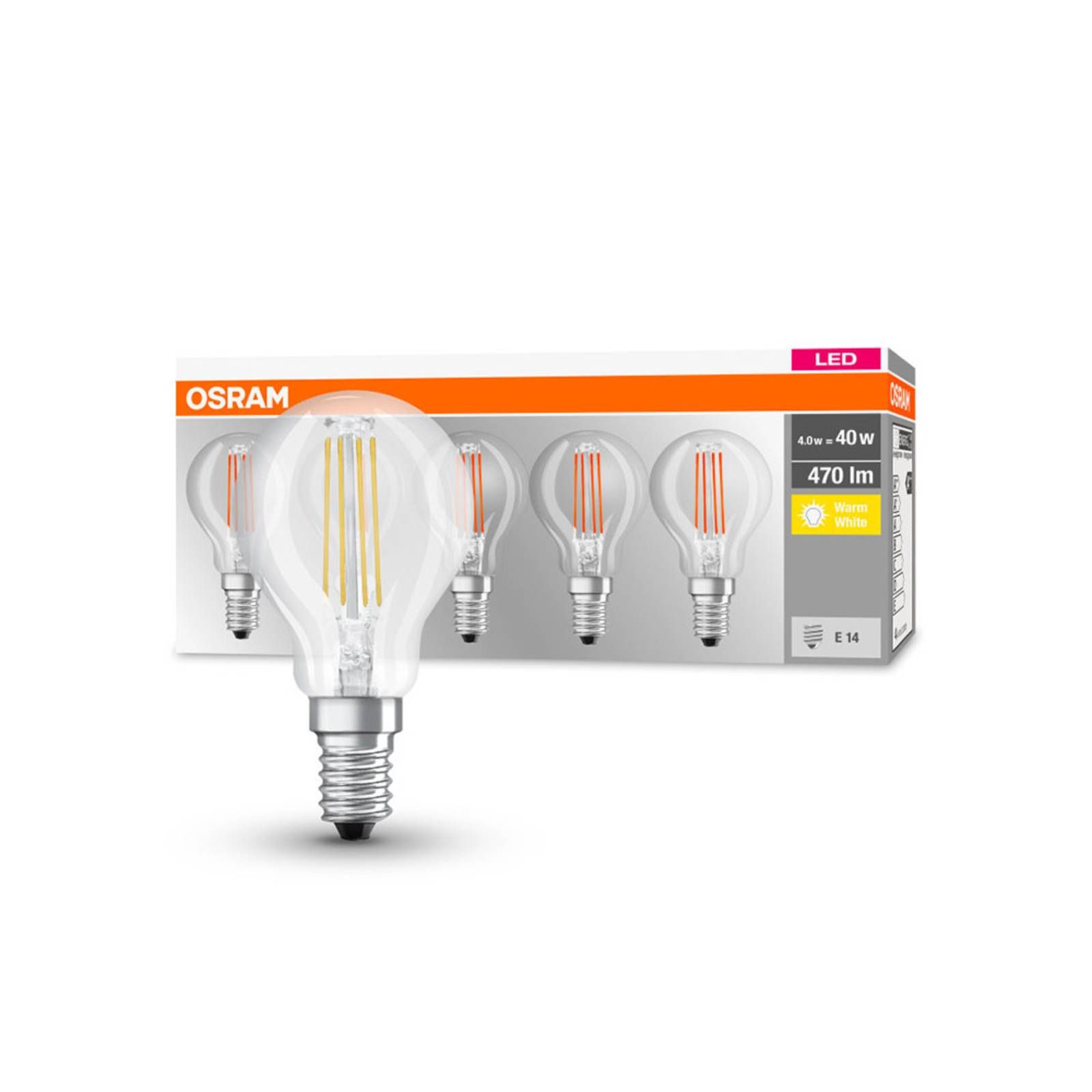 OSRAM LED E14 P40 4W filamentová 827 470lm 5ks, sklo, E14, 4W, Energialuokka: E, P: 8.9 cm
