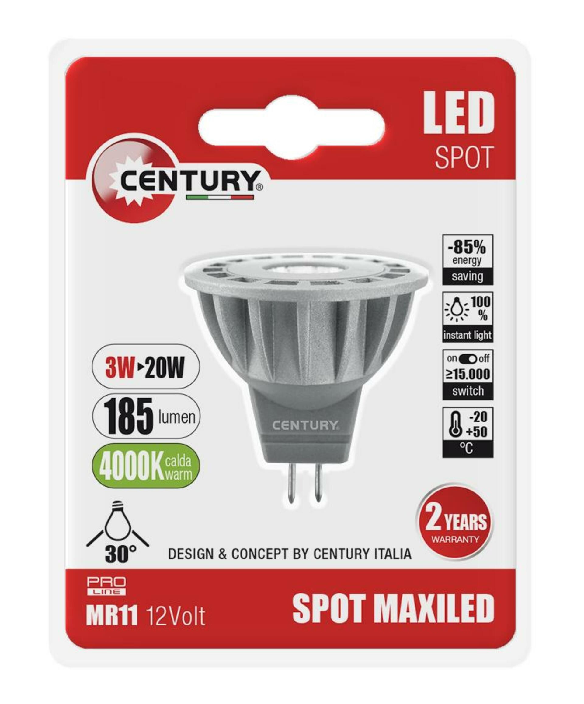 CENTURY LED spot MAXILED 3W 12VDC/AC MR11 4000K 185Lm 30d pr.35x38mm IP20 BL