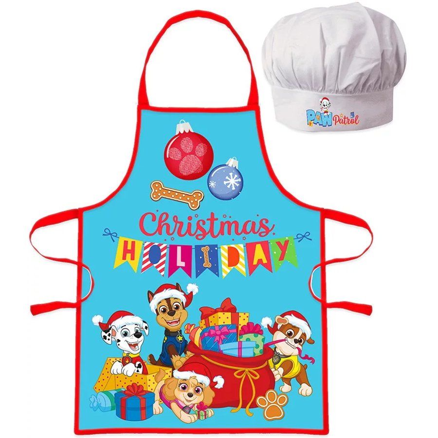 EUROSWAN · Detská vianočná zástera s kuchárskou čiapkou Tlapková patrola - Paw Patrol - 2 diely - pre deti 3 - 8 rokov