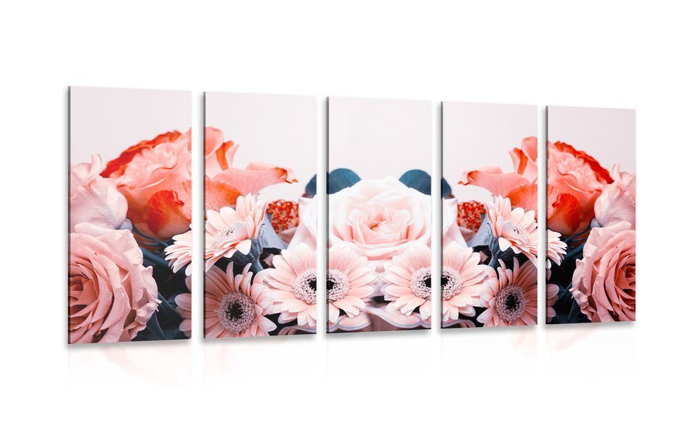 5-dielny obraz kvetinová kompozícia s romantickým nádychom
