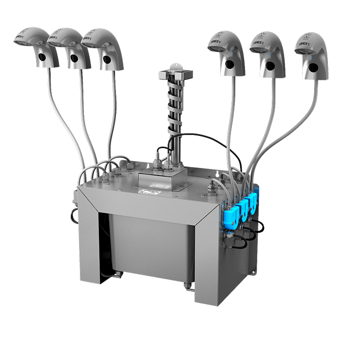 Sanela - 6 ks nerezových umývadlových batérií s dávkovačom mydla, 230 V AC, jedna voda, 6 l centrálny kanister na mydlo