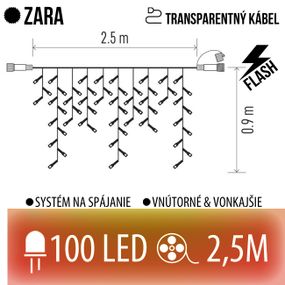 ZARA spojovateľná LED svetelná záclona vonkajšia FLASH - 100LED - 2,5M Červená/Vintage - transparentný kábel