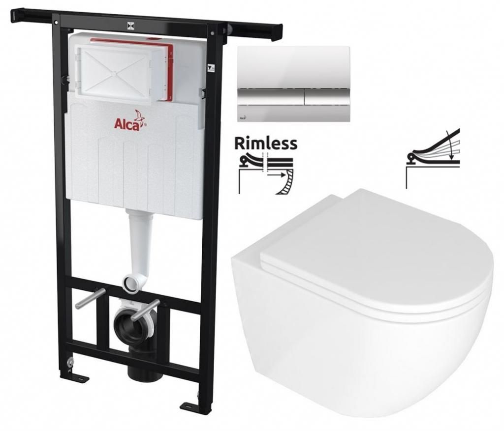 ALCADRAIN Alcadrain Jádromodul - predstenový inštalačný systém s chrómovým tlačidlom M1721 + WC REA Carlo Mini Basic Rimlesss + SEDADLO AM102/1120 M1721 CB1