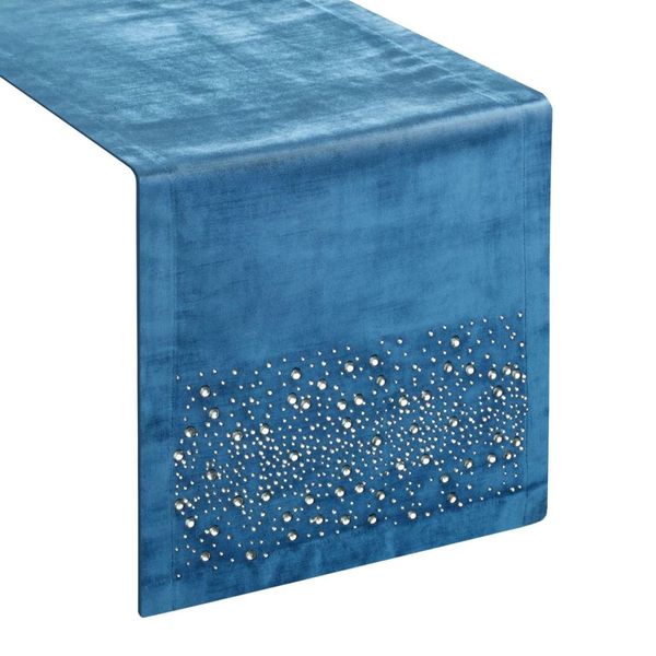 DomTextilu Luxsný zamatový stredový obrus v modrej farbe s perličkami 54124-233701 Modrá