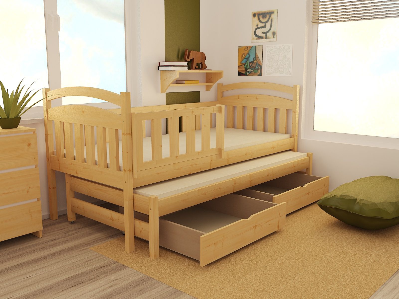 Detská posteľ s výsuvnou prístelkou z MASÍVU 200x80cm so zásuvkou - DPV020