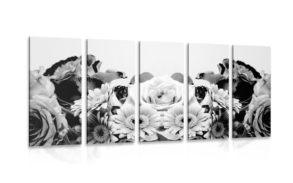 5-dielny obraz kvetinová kompozícia s romantickým nádychom v čiernobielom prevedení