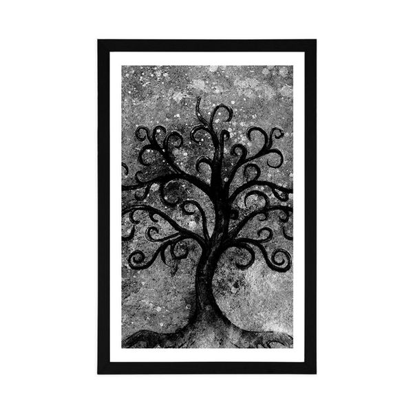 Plagát s paspartou čiernobiely strom života - 20x30 silver