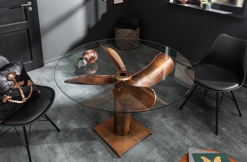 Estila Industriálny bronzový jedálenský stôl Helice v tvare lodnej skrutky s okrúhlou doskou zo skla 94cm