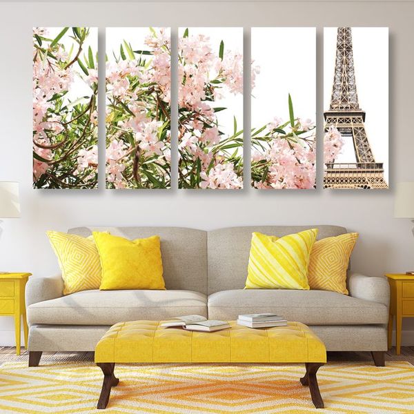 5-dielny obraz Eiffelova veža a ružové kvety - 200x100