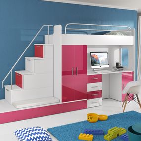 Detská posteľ Ruby V (Biela + Ružová) (s roštom a matracom)