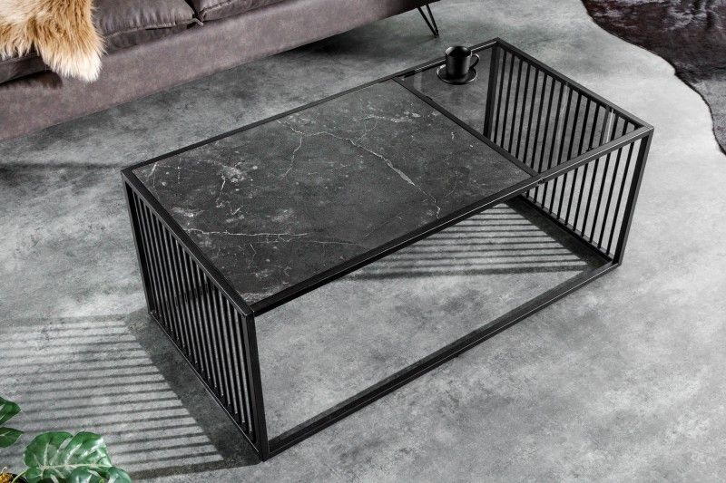 Estila Industriálny konferenčný stolík Westford z kovu čiernej farby s mramorovou doskou 100cm