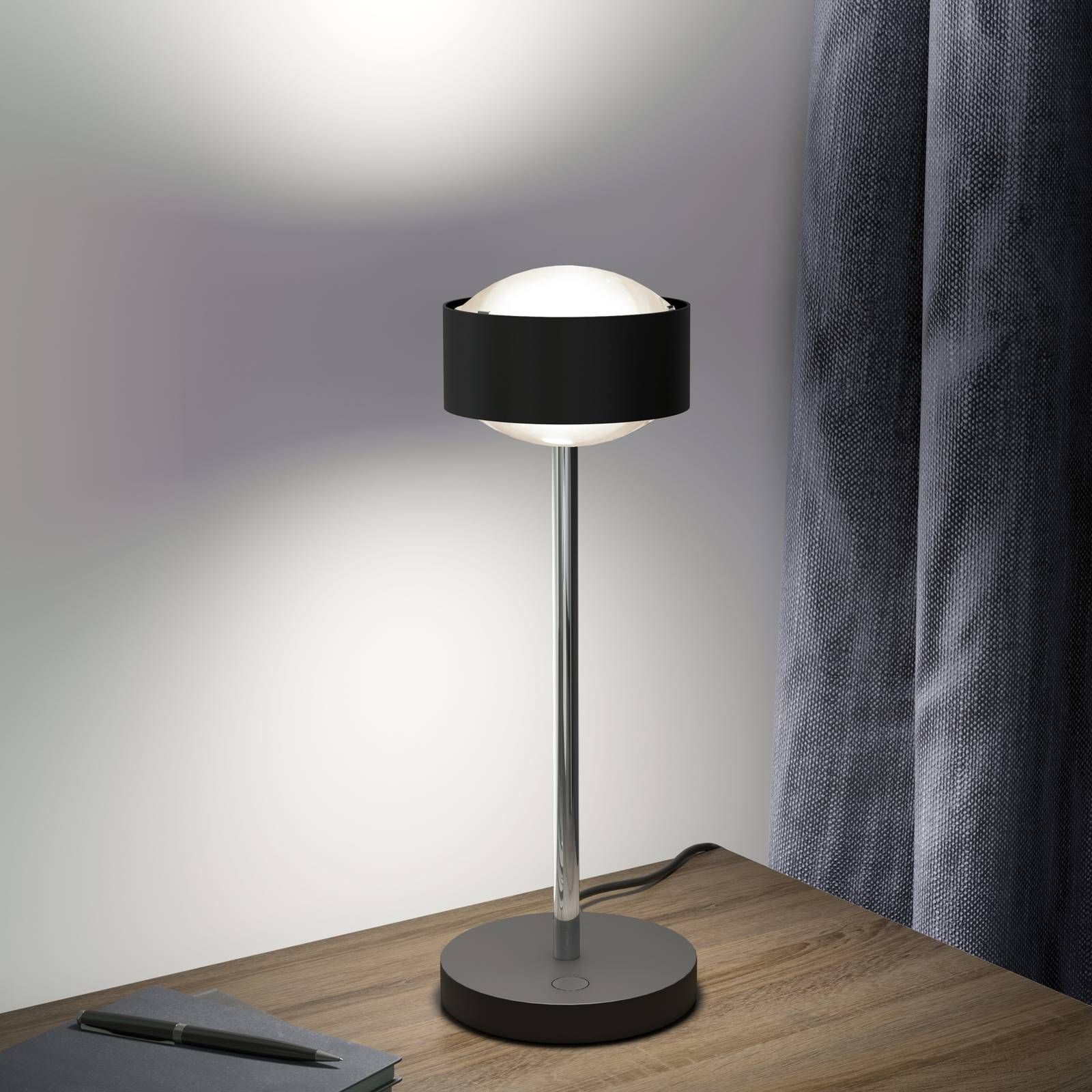 Top Light Puk! 120 Eye Table LED, šošovka matná čierna/chróm, Obývacia izba / jedáleň, hliníkový zinok, látka, sklo, 12W, K: 37cm