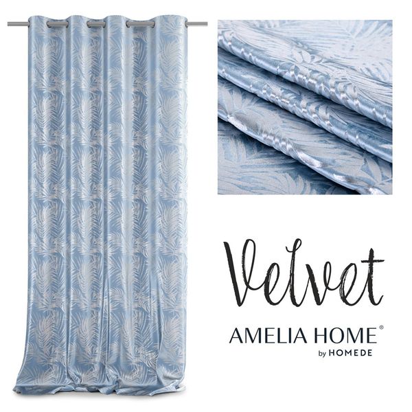 Záves AmeliaHome Velvet Silver Leaves modrý