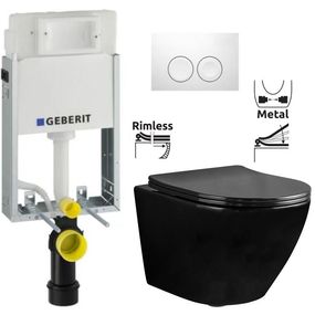 GEBERIT KOMBIFIXBasic vr. bieleho tlačidla DELTA 21 + WC REA CARLO MINI RIMFLESS ČERNÁ + SEDADLO 110.100.00.1 21BI CL1