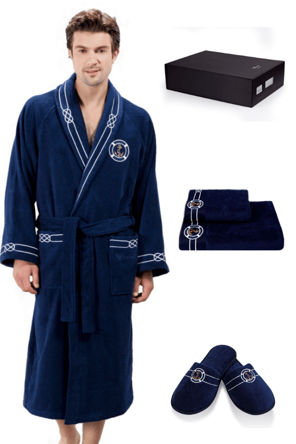 Soft Cotton Luxusný pánsky župan + uterák + papuče MARINE MAN v darčekovom balení Tmavo modrá XXL + papučky (42/44) + uterák + box