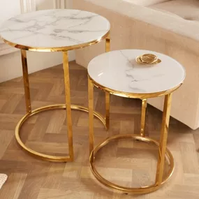 Germany24 - Príručný stolík okrúhly Elegance sada 2ks mramorový vzhľad biely, zlatý rám
