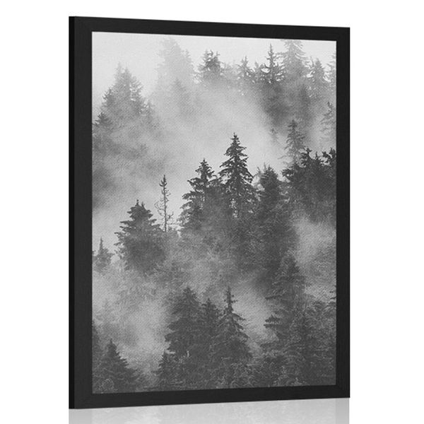 Plagát hory v hmle v čiernobielom prevedení - 20x30 white