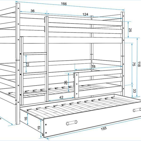Poschodová posteľ s prístelkou ERIK 3 - 160x80cm - Biela - Grafitová