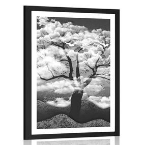 Plagát s paspartou čiernobiely strom zaliaty oblakmi - 60x90 black