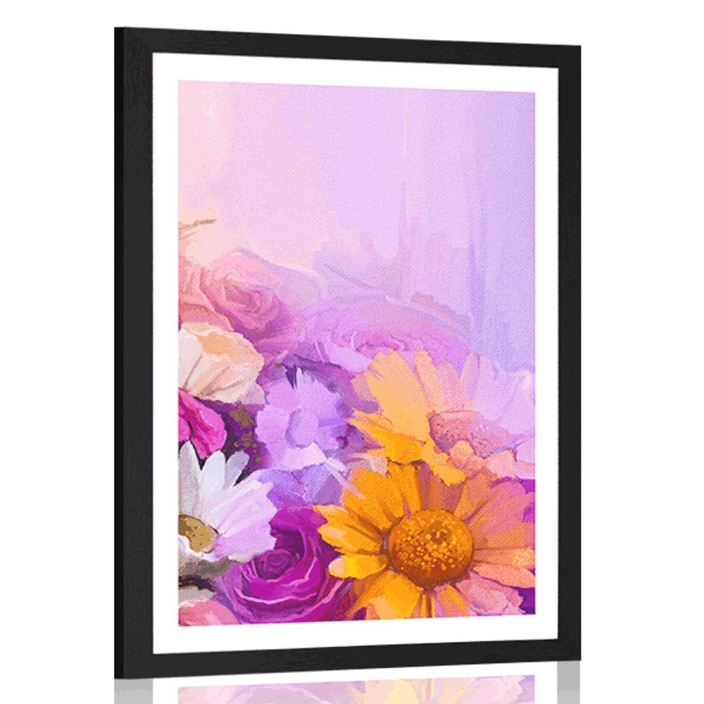 Plagát s paspartou olejomaľba pestrofarebných kvetov - 60x90 silver