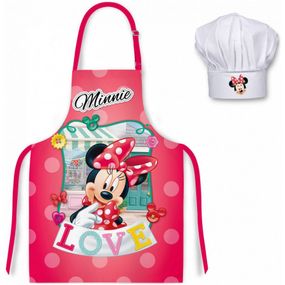 EUROSWAN · Detská / dievčenská zástera s kuchárskou čiapkou Minnie Mouse - Disney - motív LOVE - pre deti 3 - 8 rokov