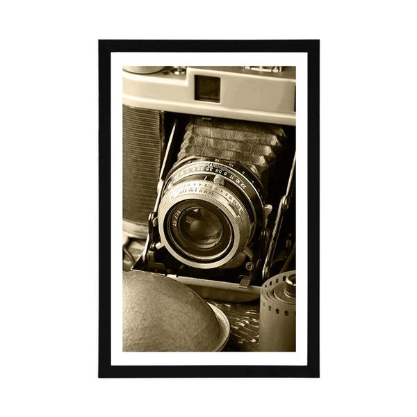 Plagát s paspartou starý fotoaparát v sépiovom prevedení - 60x90 white