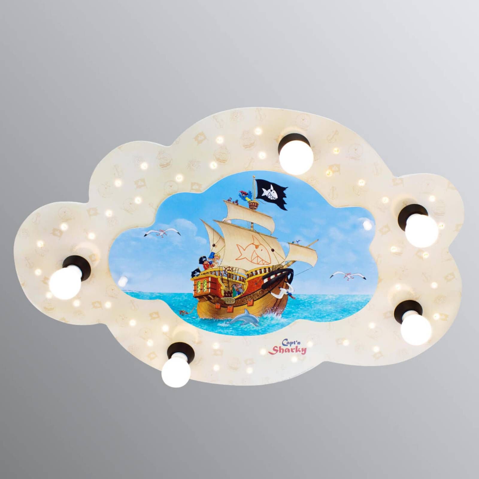 Elobra Stropné svietidlo Kapitán Sharky, tvar oblaku, LED, Detská izba, drevo, E14, 40W, P: 75 cm, L: 50 cm, K: 8cm