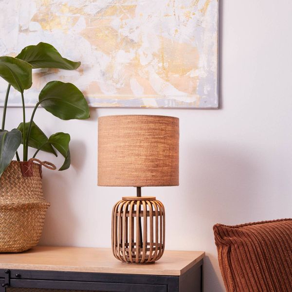 Brilliant Stolová lampa Woodrow z bambusu, látkové tienidlo, Obývacia izba / jedáleň, bambus, látka, kov, E27, 52W, K: 42.5cm