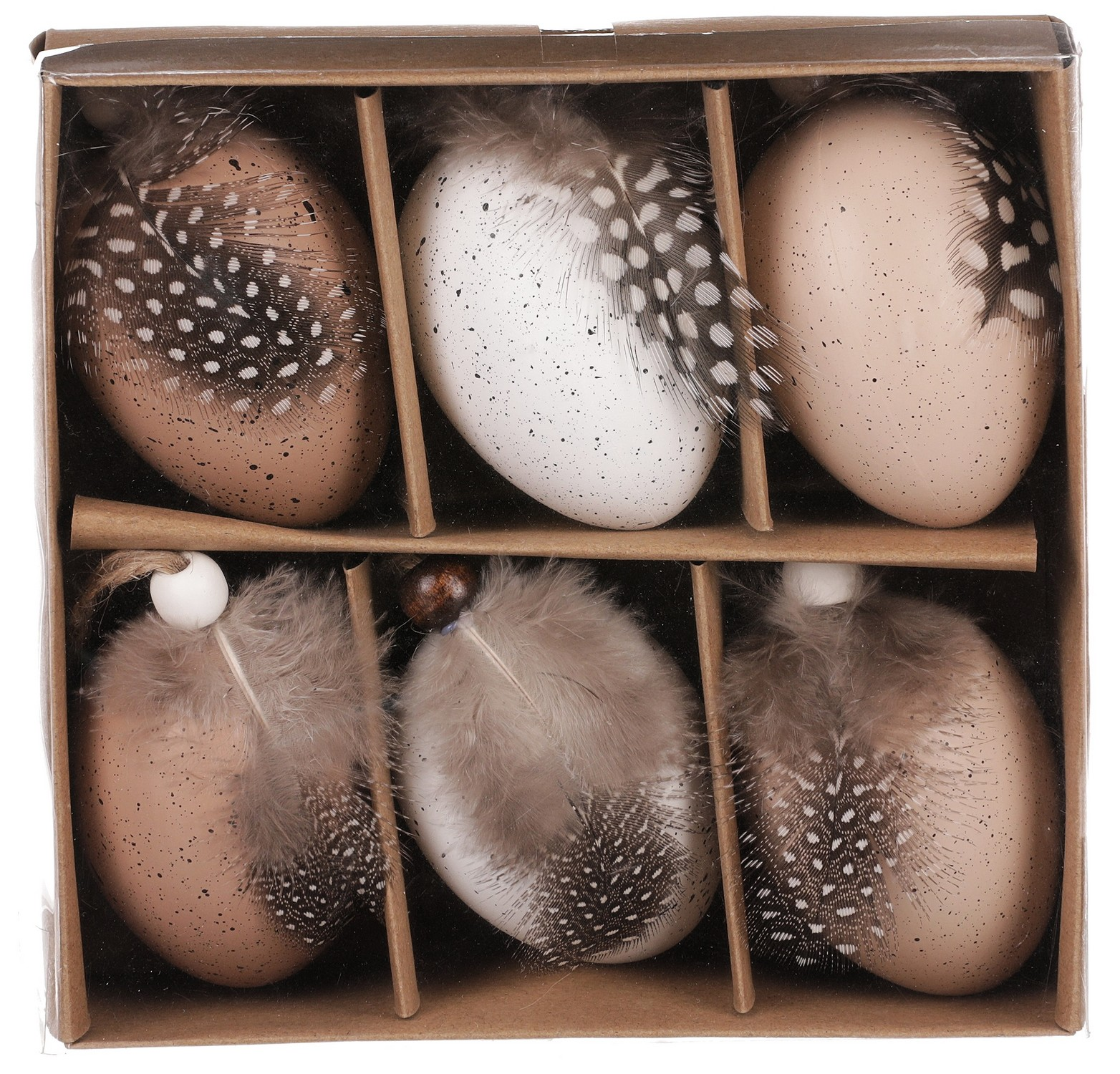 Veľkonočná dekorácia Vajíčka s pierkom (6 ks), hnedá/biela