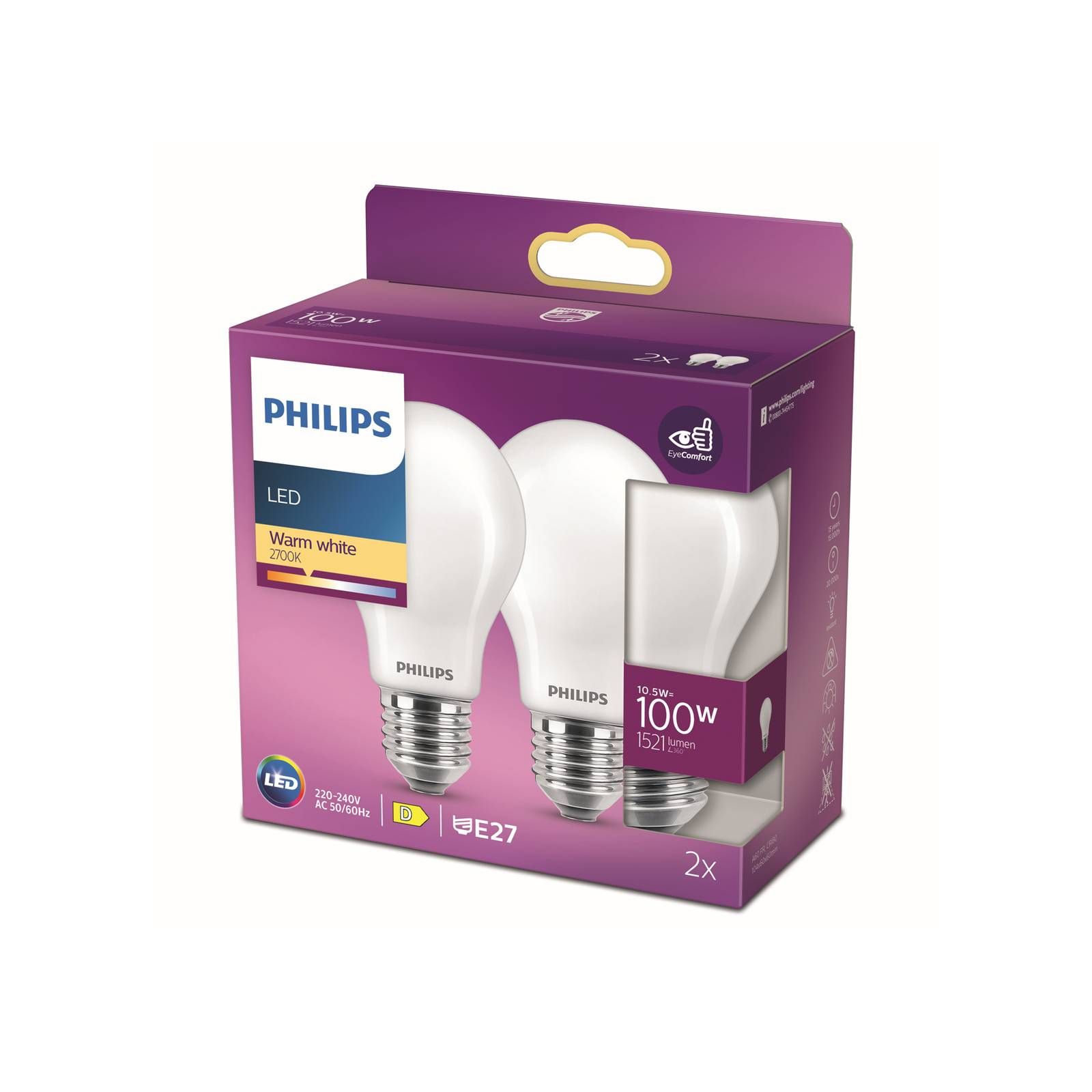 Philips LED žiarovka E27 10, 5W 2 700K opálová 2 ks, sklo, E27, 10.5W, Energialuokka: E, P: 10.4 cm