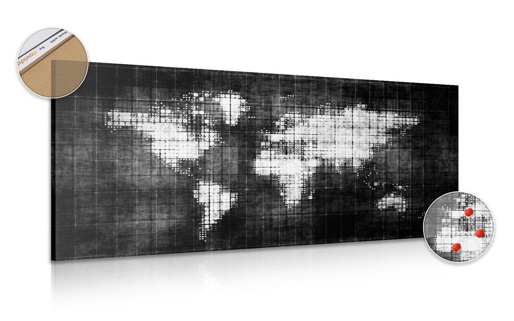 Obraz na korku svet na mape v čiernobielom prevedení - 120x60