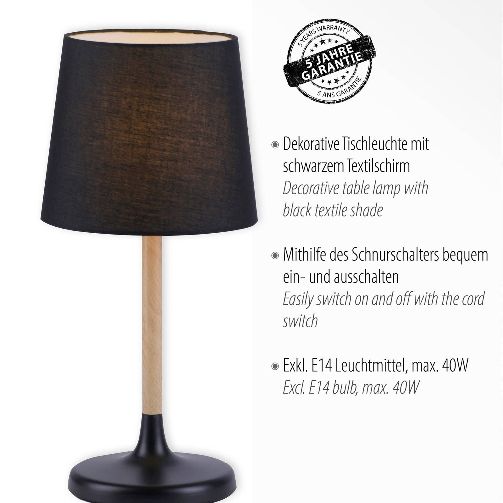 Leuchten Direkt Stolová lampa Nima s látkovým tienidlom, čierna, Spálňa, železo, plast, textil, E14, 40W, K: 43cm