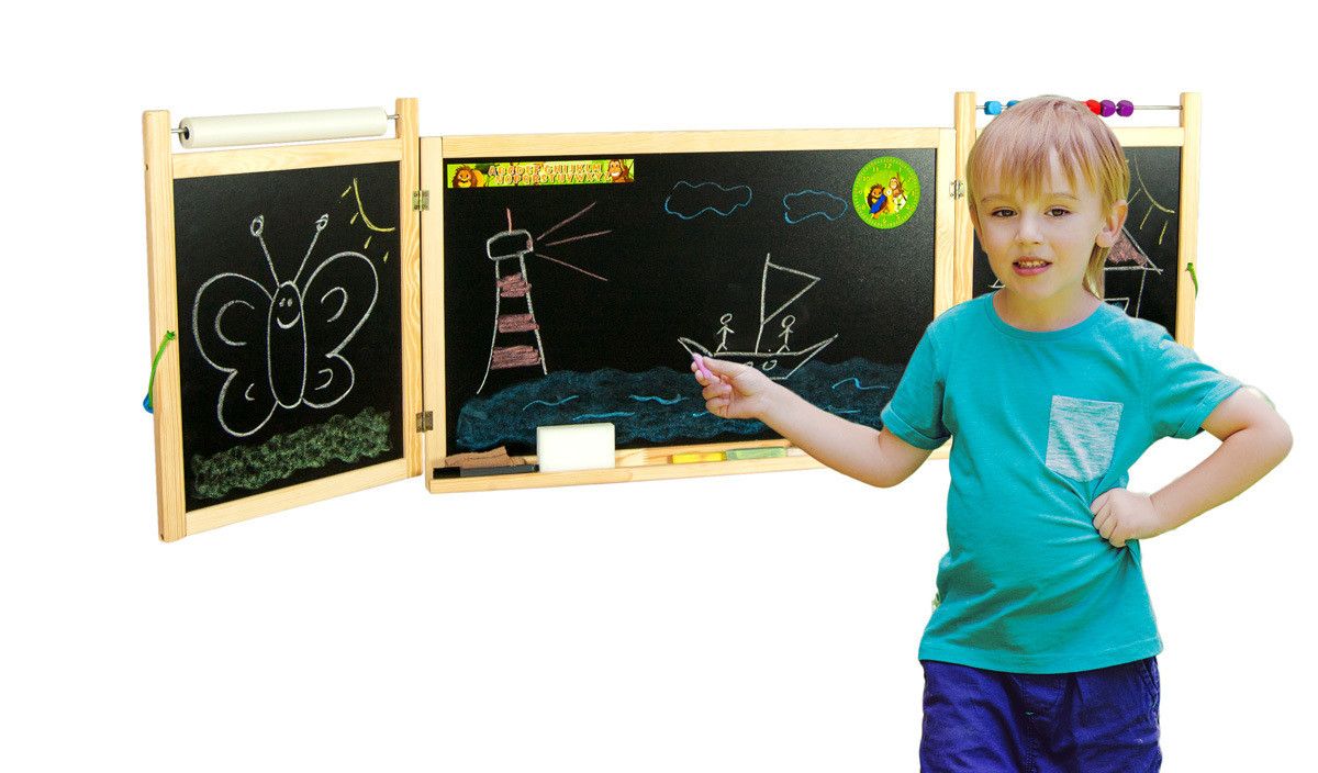 Drevená detská kriedová a magnetická tabuľa na stenu - rozkladacie