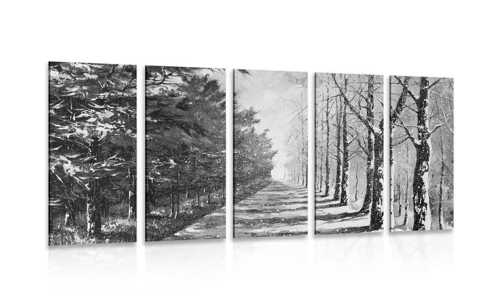 5-dielny obraz jesenná alej stromov v čiernobielom prevedení