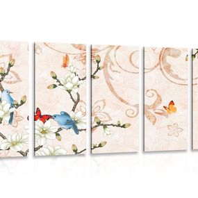 5-dielny obraz vintage zátišie s vtáčikmi a motýľmi