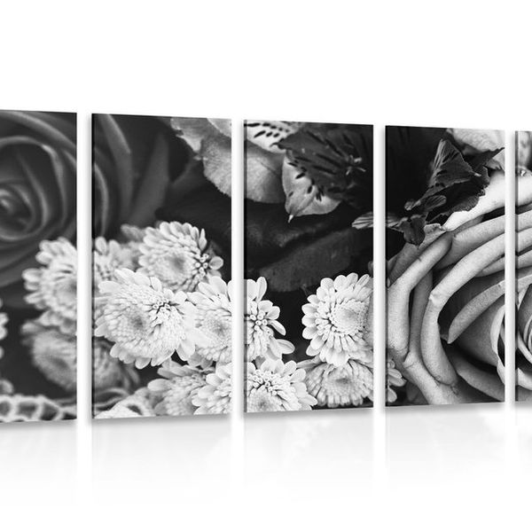 5-dielny obraz kytica ruží v retro štýle v čiernobielom prevedení - 200x100