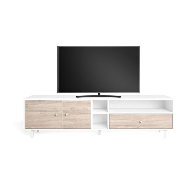 Biely/prírodný TV stolík v dekore duba 180x47 cm Roald – Marckeric
