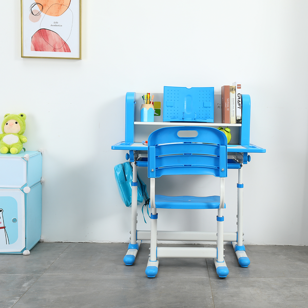 Rastúci písací stôl a stolička, modrá/biela, set LERAN