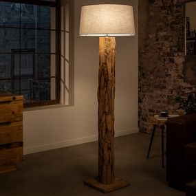 Estila Drevená Etno stojaca lampa Adelise z teakového dreva so sivým ľanovým tienidlom 134cm