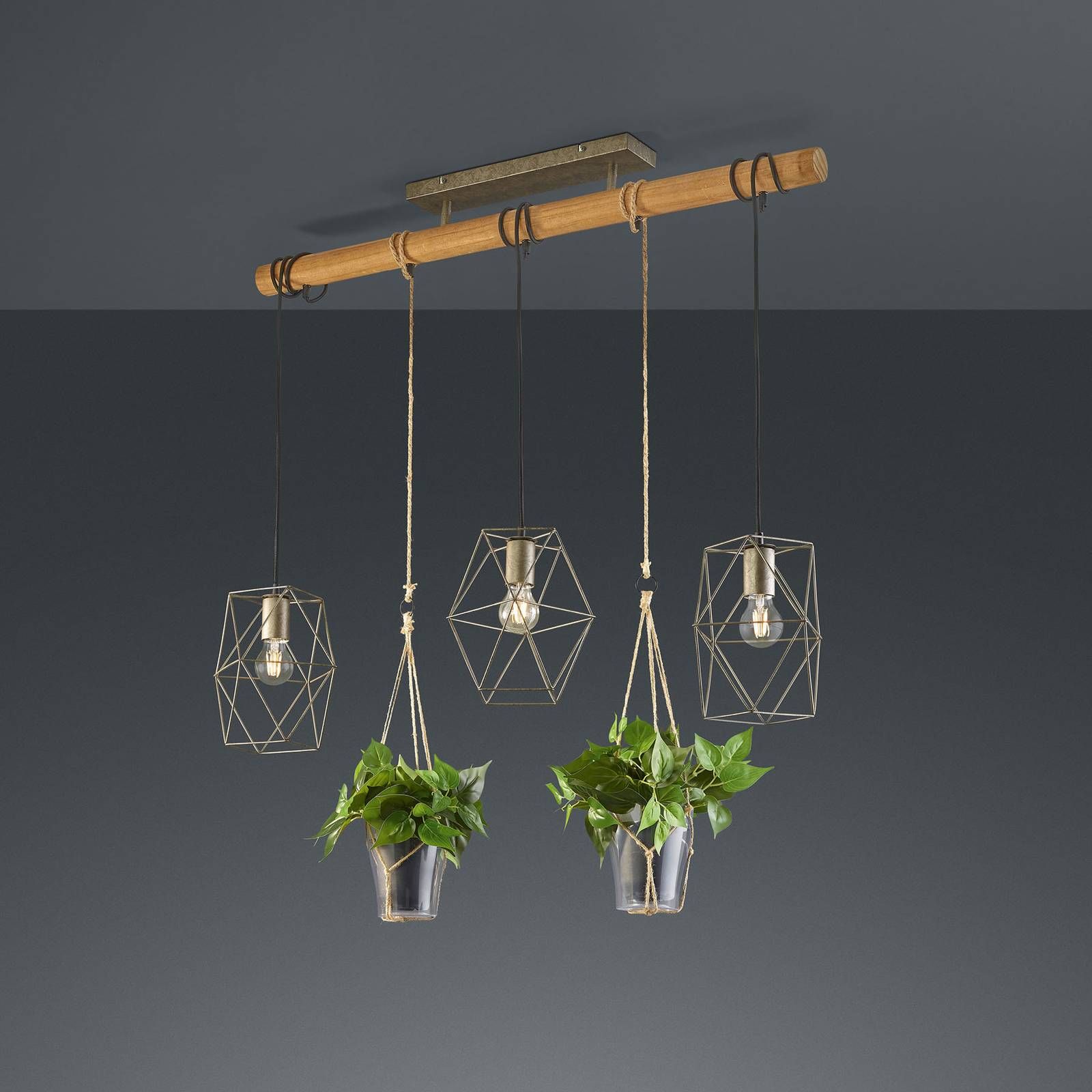 Trio Lighting Závesná lampa Plant, 3-pl. so sklami na dekoráciu, Obývacia izba / jedáleň, kov, sisal, sklo, drevo, E27, 10W, P: 115 cm, L: 22 cm