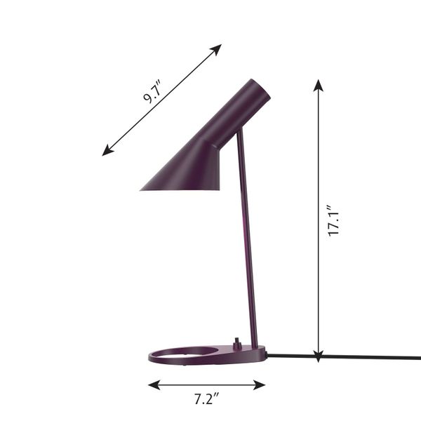 Louis Poulsen AJ Mini stolová lampa, baklažánová, Obývacia izba / jedáleň, oceľ, zinkový tlakový odliatok, E14, 20W, K: 43.4cm