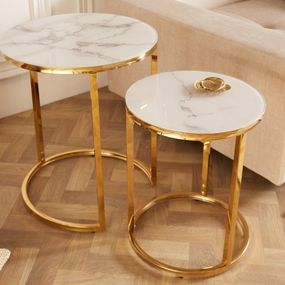 Estila Art-deco set príručných stolíkov Gold Marbleux v modernom štýle s kovovou postavou zlatej farby s mramorovým vzhľadom 60cm