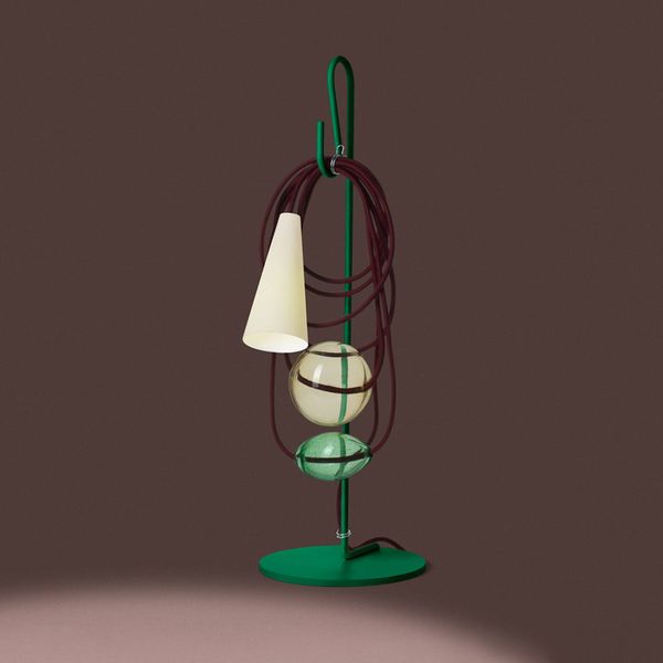 Foscarini Filo stolová LED lampa Southern Talisman, Obývacia izba / jedáleň, porcelán, ručne fúkané sklo, lakovaný kov, textil, G9, 4W, K: 58.5cm