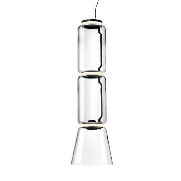 FLOS Noctambule závesná lampa 2 Low Cylinders&Cone, Obývacia izba / jedáleň, sklo, hliník, 45W, K: 127cm