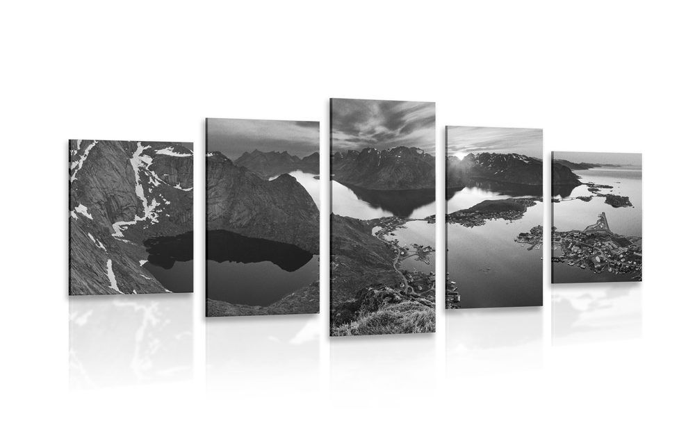 5-dielny obraz očarujúca horská panoráma v čiernobielom prevedení